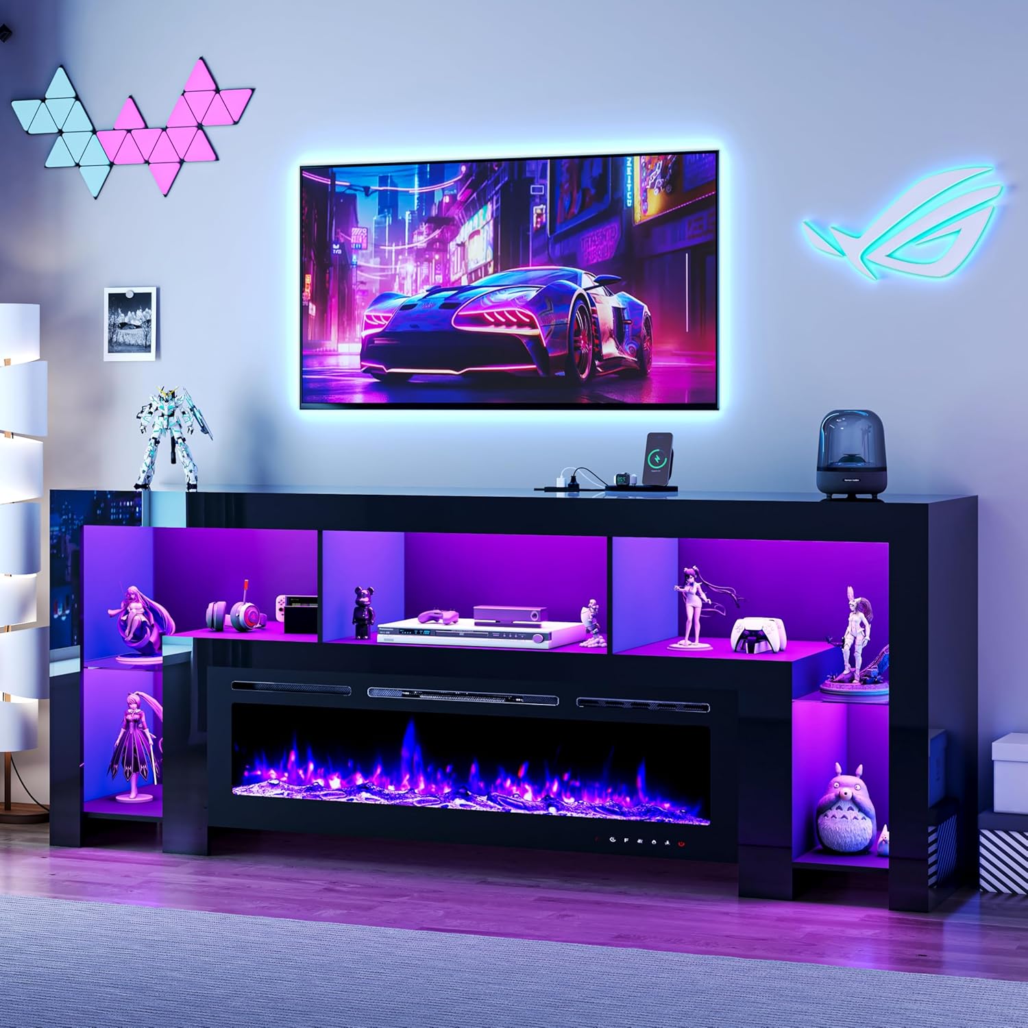 94.5インチ暖炉テレビスタンド、最大100インチのテレビ用、50インチ電気暖炉付きゲーム用LEDエンターテイメントセンター、モダンな高光沢メディ
