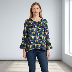 レディース長袖 フラワー＆ドット柄シャツ - 100% レーヨン製の柔らかくドレープ感のあるトップス、フリル袖 - レトロスタイルのレディースシャツ