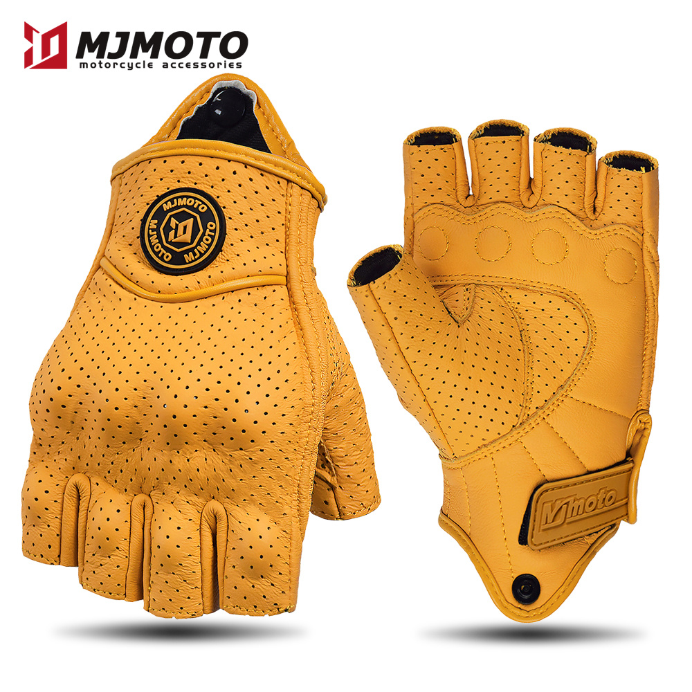 MJMOTO ヴィンテージレザーオートバイグローブハーフフィンガータッチスクリーンオフロードライディンググローブハードシェル保護通気性