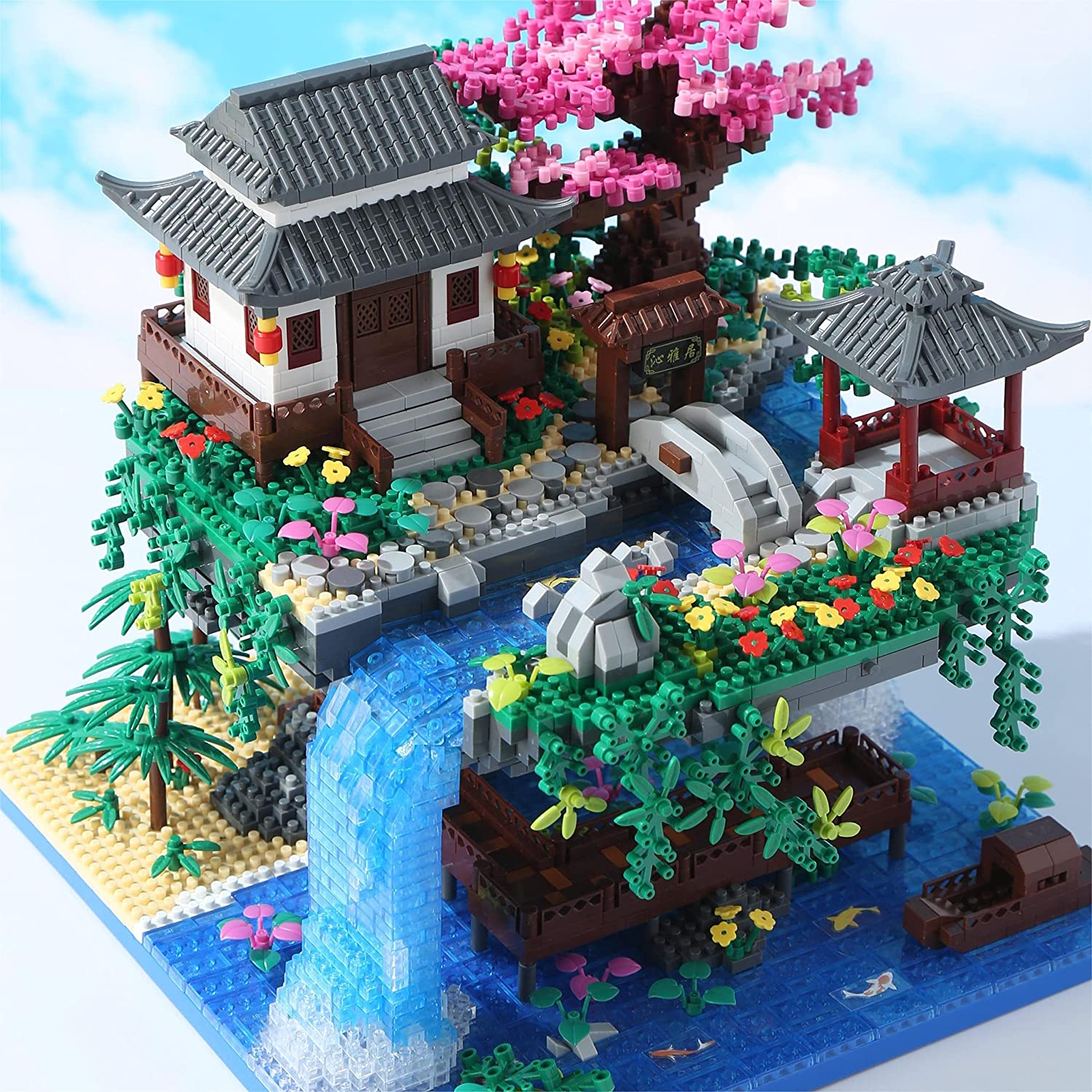 MOC ミニビルディングブロックセット桃の花のプール中国建築桜盆栽日本の桜の木の家ランタンギフトおもちゃ