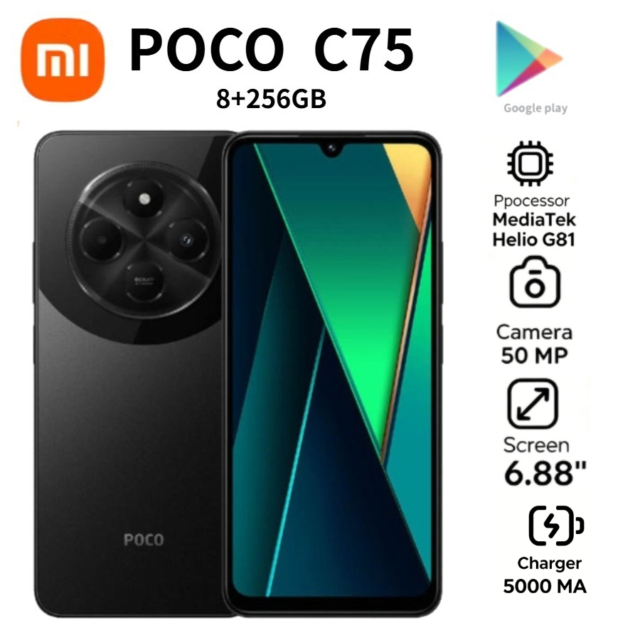 2026 最新モデル POCO C75 グローバルバージョンロック解除電話 6.88 "120Hz 高リフレッシュレートディスプレイ 8GB RAM 256GB 長期持続 5160mAh
