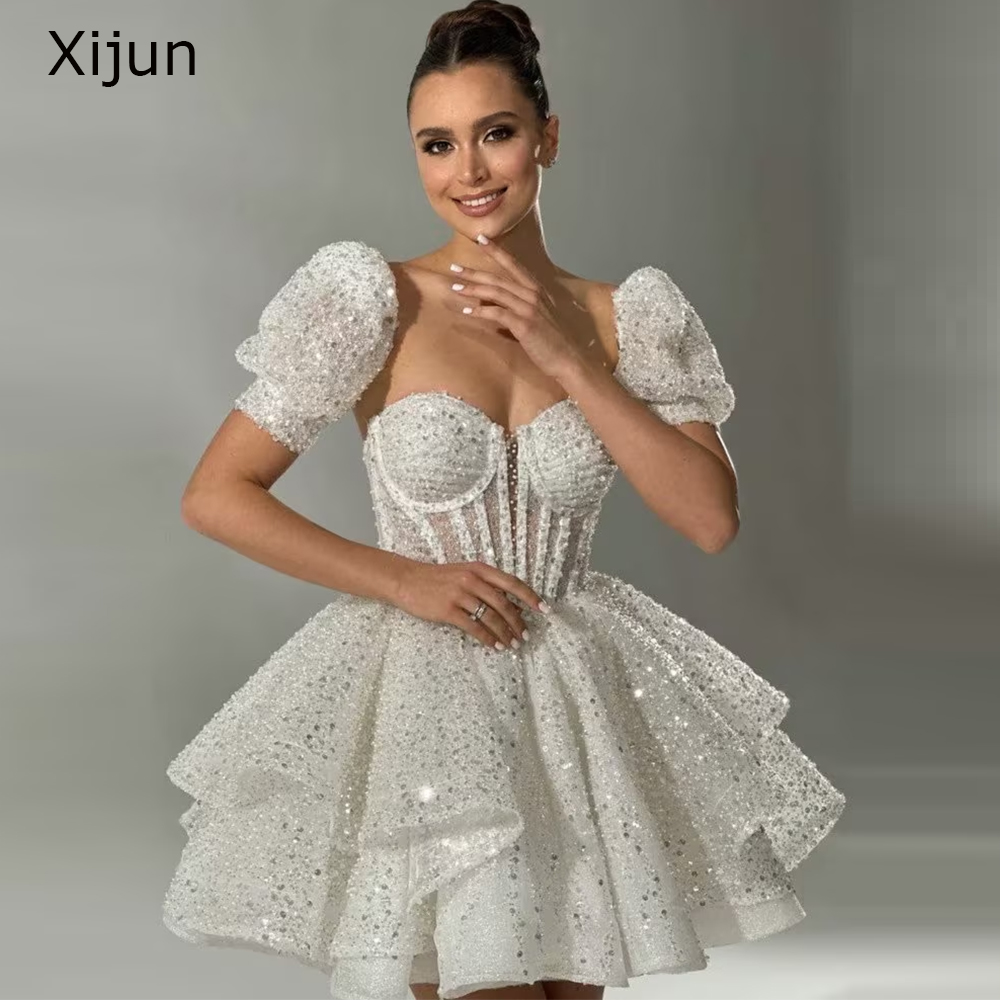 Xijun ホワイトショートイブニングドレス恋人 A ラインミニウェディングドレス 2023 取り外し可能な袖ウエディングドレス花嫁フォーマルパーティードレス