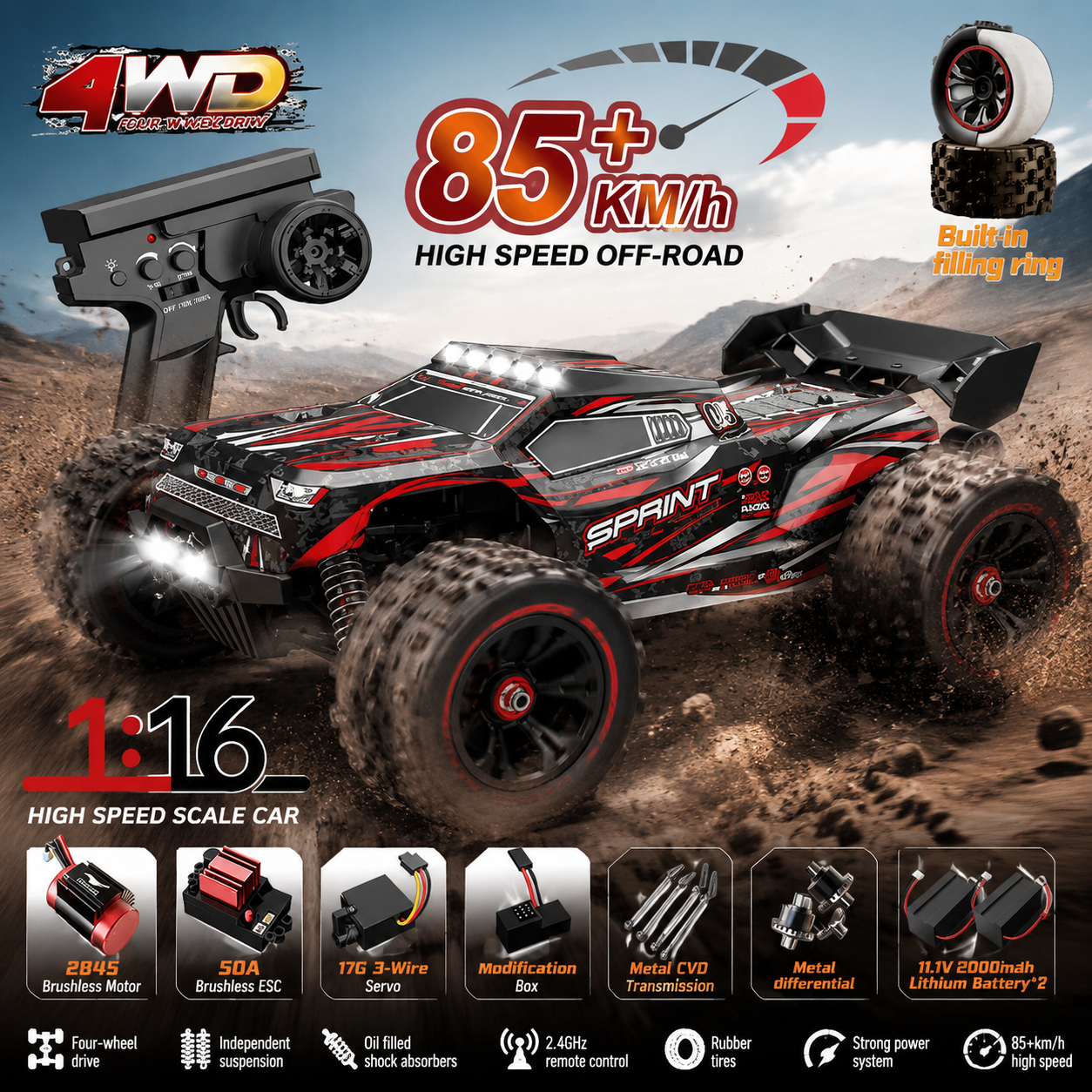 50 または 80KM/H Rc カー 1/16 オフドリフトロード 4WD LED 2.4G 防水リモートコントロールモンスタートラック 大人と子供のおもちゃギフト用