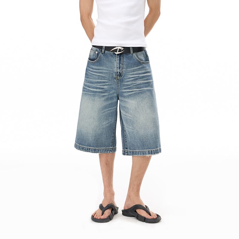 2026 新しい夏のショートパンツジーンズ男性デニムパンツストレッチアメリカンレトロファッションメンズジーンズルーズストレート男性ワイドレッグショートジーンズ