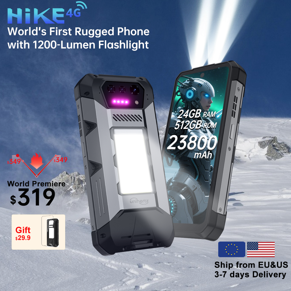 Unihertz Hike 8849 頑丈なスマートフォン Android 14 1200 ルーメン 200 メートル懐中電灯 23800mAh 12GB 512GB G200 CPU デュアル スピーカー