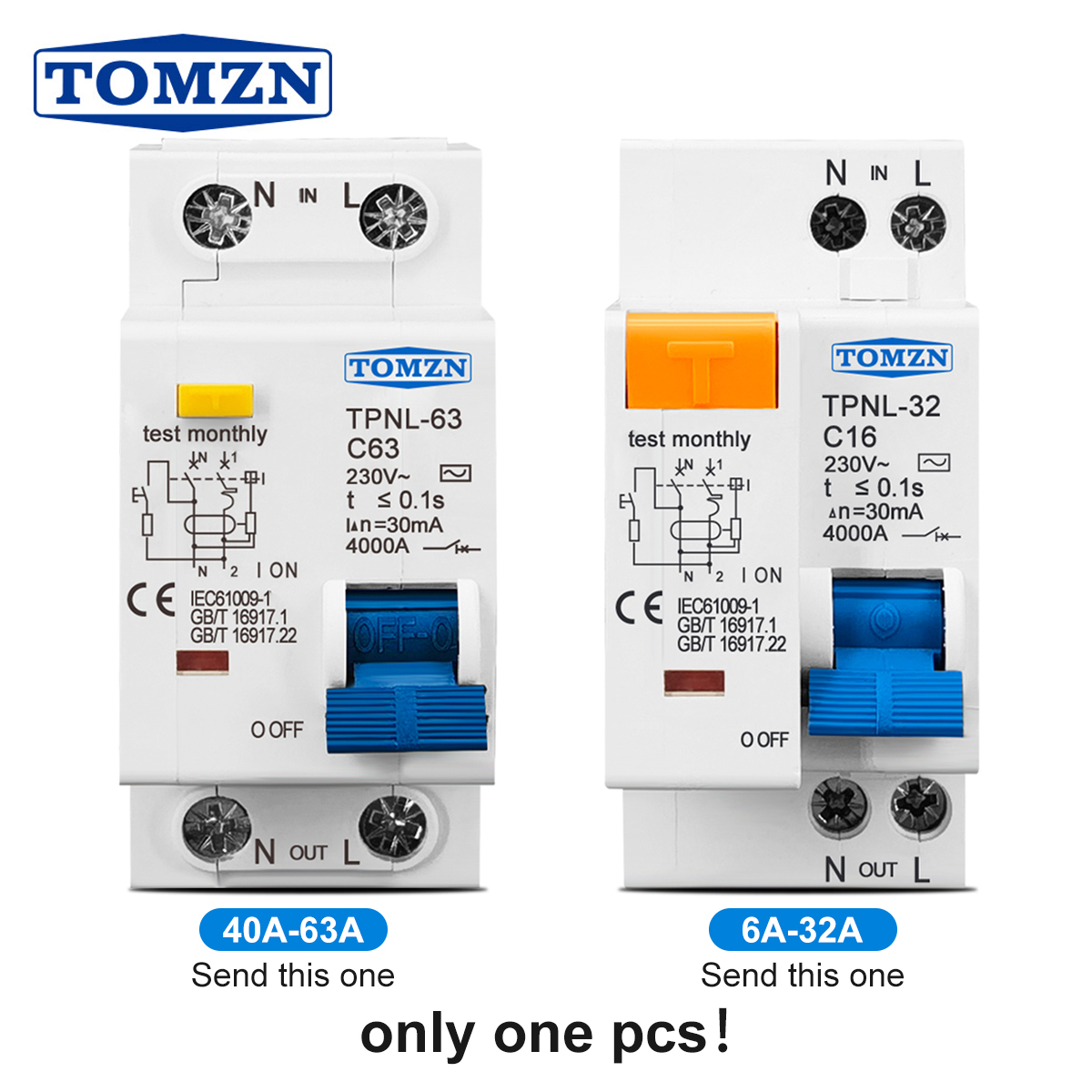 TOMZN DPNL 1P N 6A 16A 20A 25A 32A 63A 230V~ 50/60HZ 過電流漏洩保護付き残留電流サーキットブレーカー RCBO