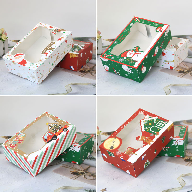 クリスマスクッキーボックス ドーナツギフトボックス ベーカリーボックス 透明窓付き 緑と赤のホリデーデザイン ギフト用クリスマスリボン付き
