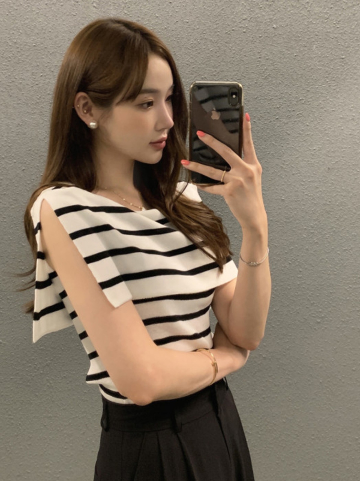 夏シックなデザイン Svel ニットトップ女性の Faion ベルト付きストライプヴィンテージレトロ小さいサイズ韓国 Sle ベスト