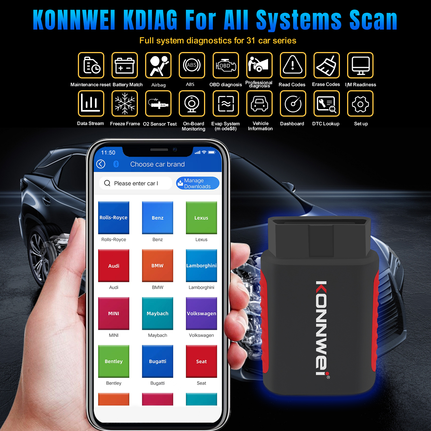 KONNWEI KDIAG フルシステム Bluetooth OBD2 スキャナ車診断ツール ABS SRS トランスミッションエンジン故障コードリーダー
