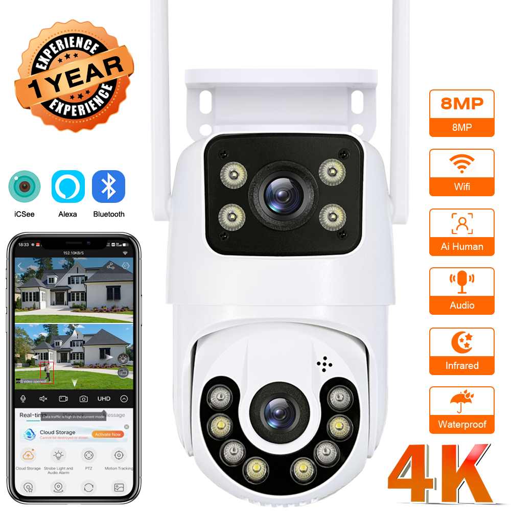 屋外ワイヤレスセキュリティ IP カメラ 4K 8MP HD デュアルレンズ外部 Wifi PTZ カメラ自動追跡街頭監視カメラ iCsee