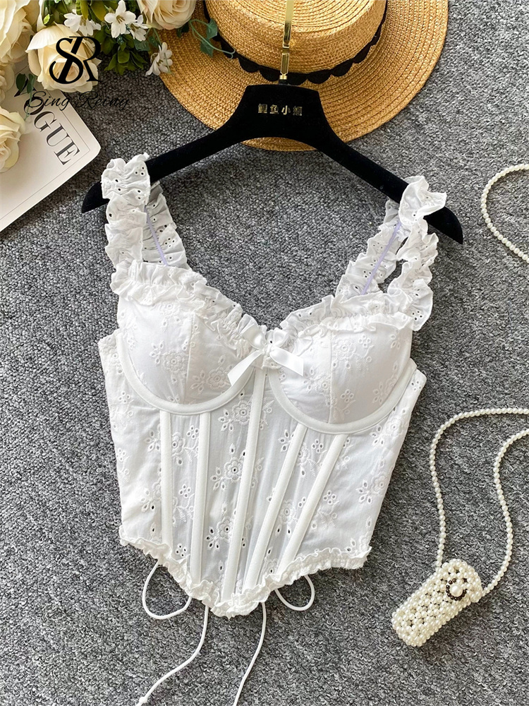 SINGREINY 花刺繍ランジェリー女性ストラップ不規則なコルセットショートタンクトップ官能的なフレンチホットスウィートスリムセクシーなビーチキャミソール