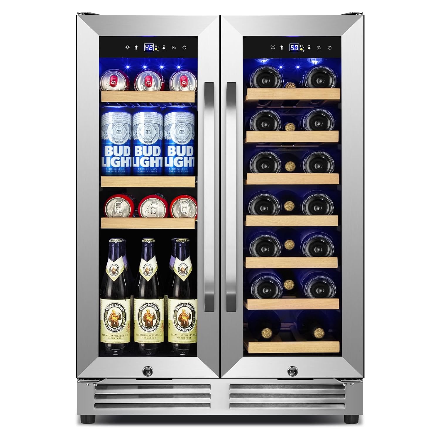 24 インチのアップグレードされたワインおよび飲料冷蔵庫 - ガラスドア付きデュアルゾーン飲料クーラー |アンダーカウンターまたはカスタム