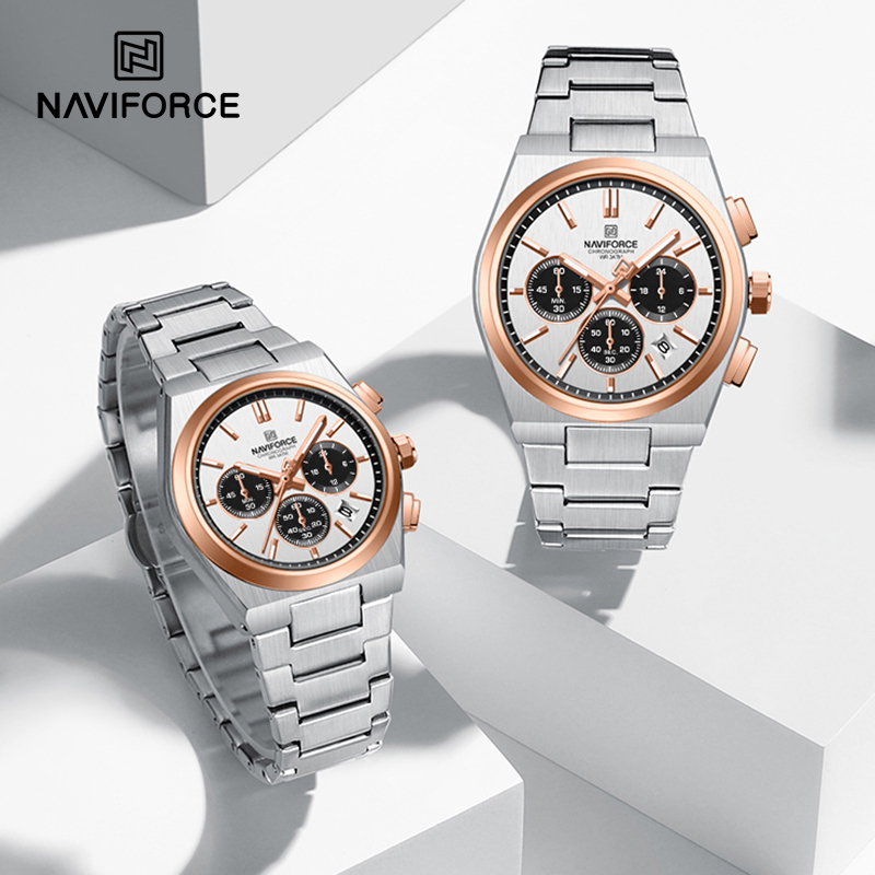 NAVIFORCE 高級ブランド恋人の腕時計スチールストラップクォーツクロノグラフ腕時計防水日付表示オリジナルカップルギフト
