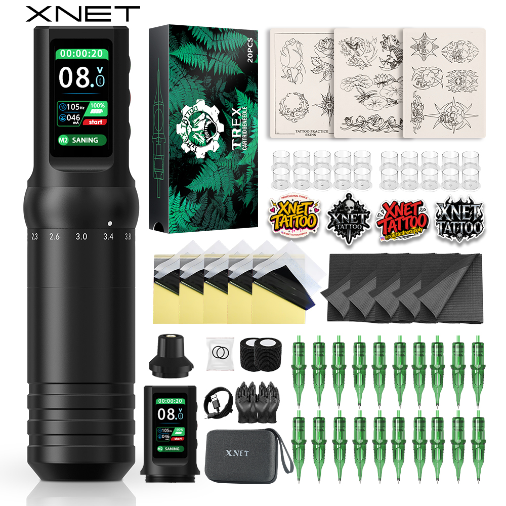 XNET フラッシュワイヤレスタトゥーマシンフルキットカスタムモーター 1600mAh バッテリー 2.0-4.2 ミリメートルストロークタトゥーペンセット初心者用タトゥー