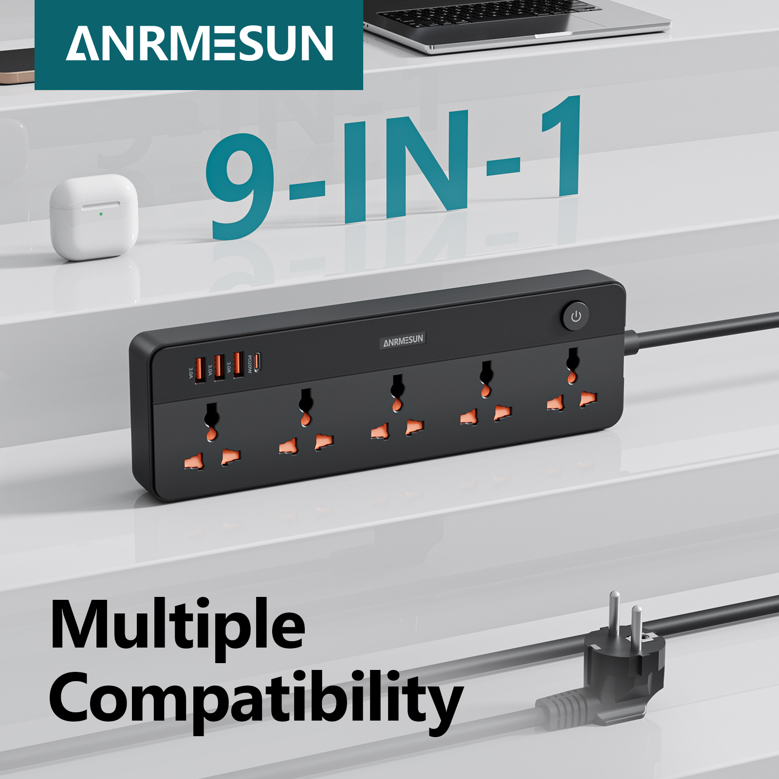 PD 20W 2400W マルチタップユニバーサルプラグ EU コンセント電源タップ 1.8M 延長コード付き AC タイプ C USB ポート充電コンセント