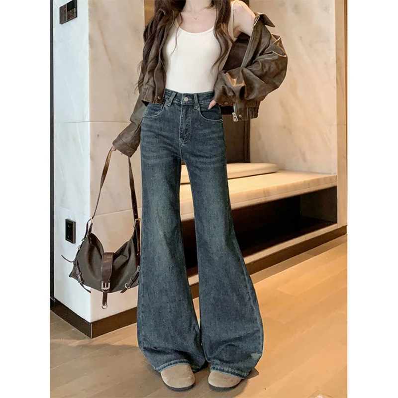 ジーンズ女性 Y2k 服レトロフレアパンツ冬ハイウエストルーズフィットワイドレッグデニムパンツ痩身ファッションカジュアル