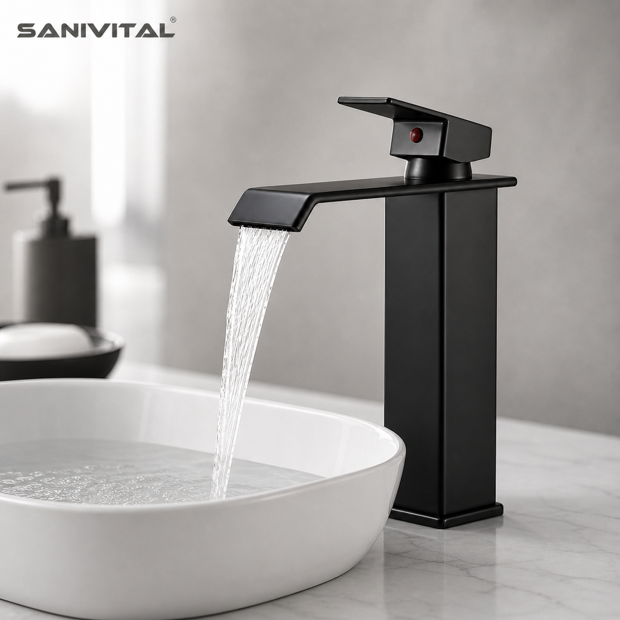 SANIVITAL マットブラック滝浴室容器シンク蛇口シングルハンドルホットコールド洗面器ミキサータップ浴室用