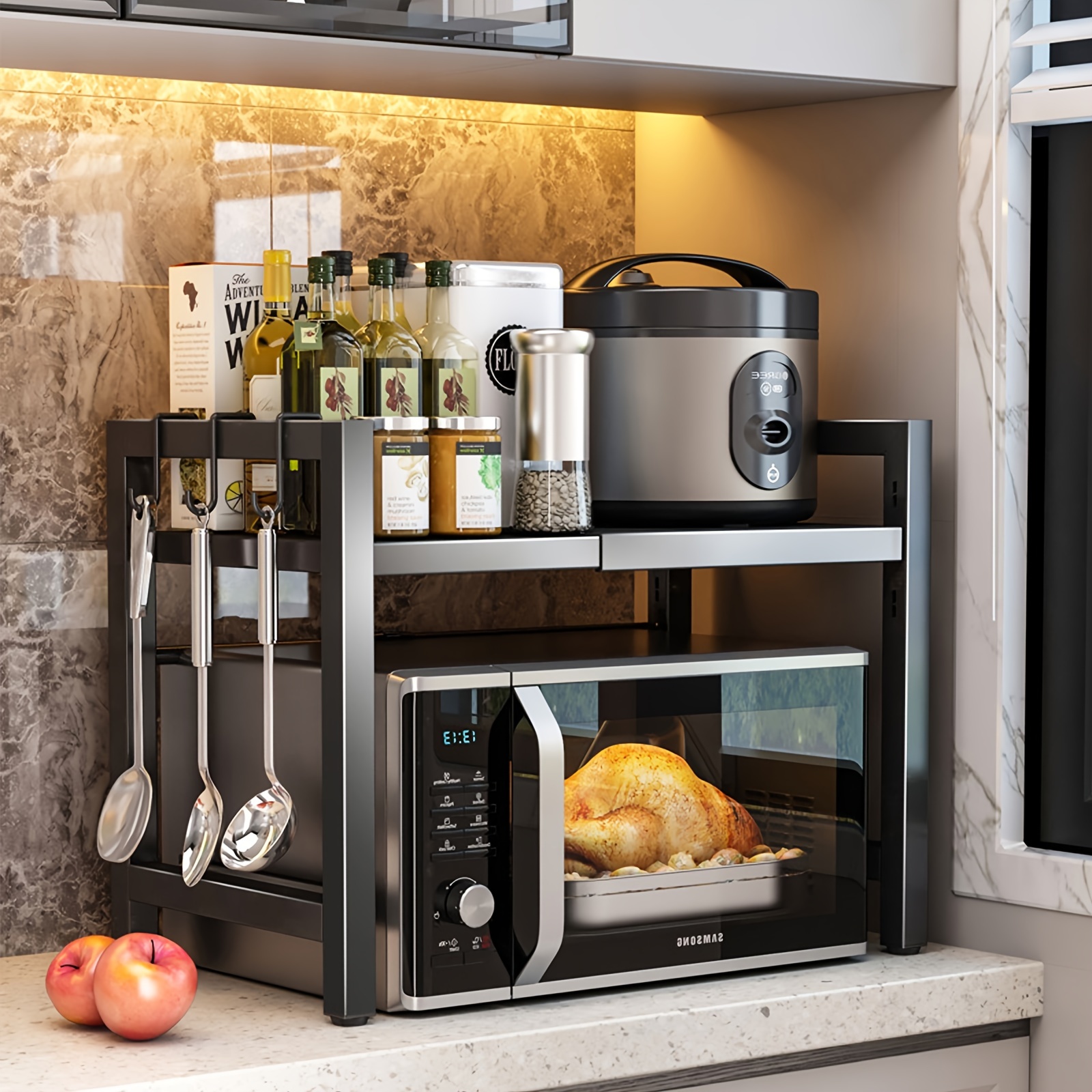 拡張可能な電子レンジ棚、6つのフック付き電子レンジホルダー、キッチン収納ラック、電子レンジベーキングラック、拡張可能な40-64cm