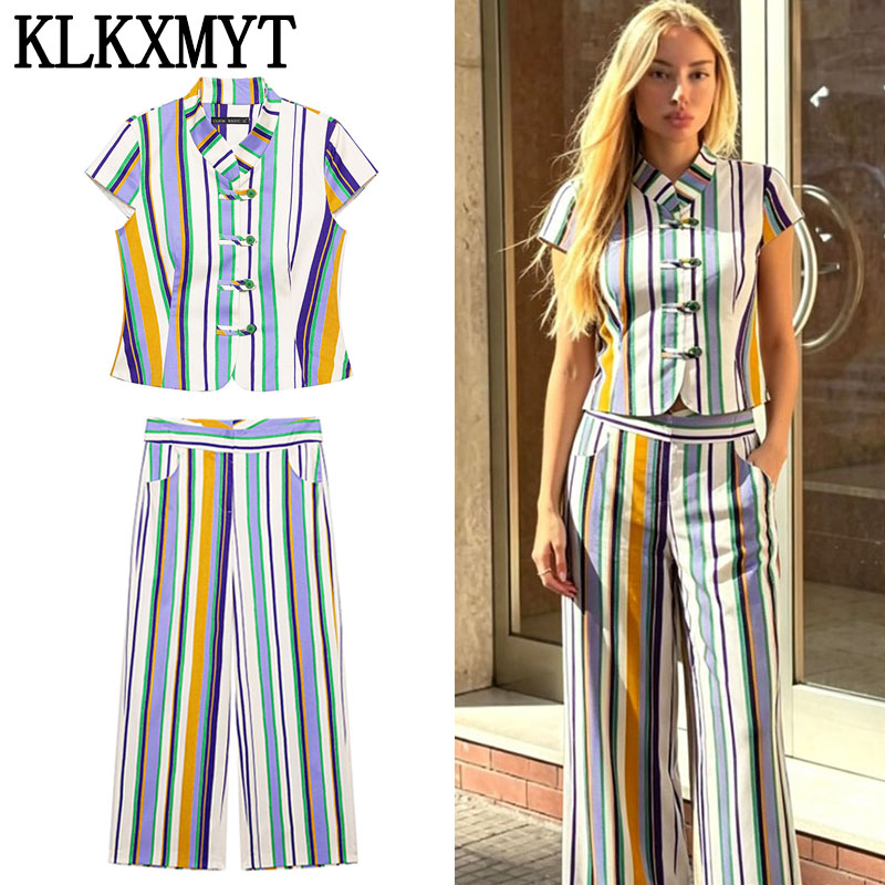 KLKXMYT シックなストライプパンツセット女性ノースリーブショートシャツトップストレートパンツスーツ 2026 夏の女性の衣装