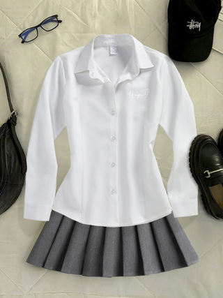 JK プレッピースタイルスリム白シャツ女性長袖ロゴプリント制服トップス