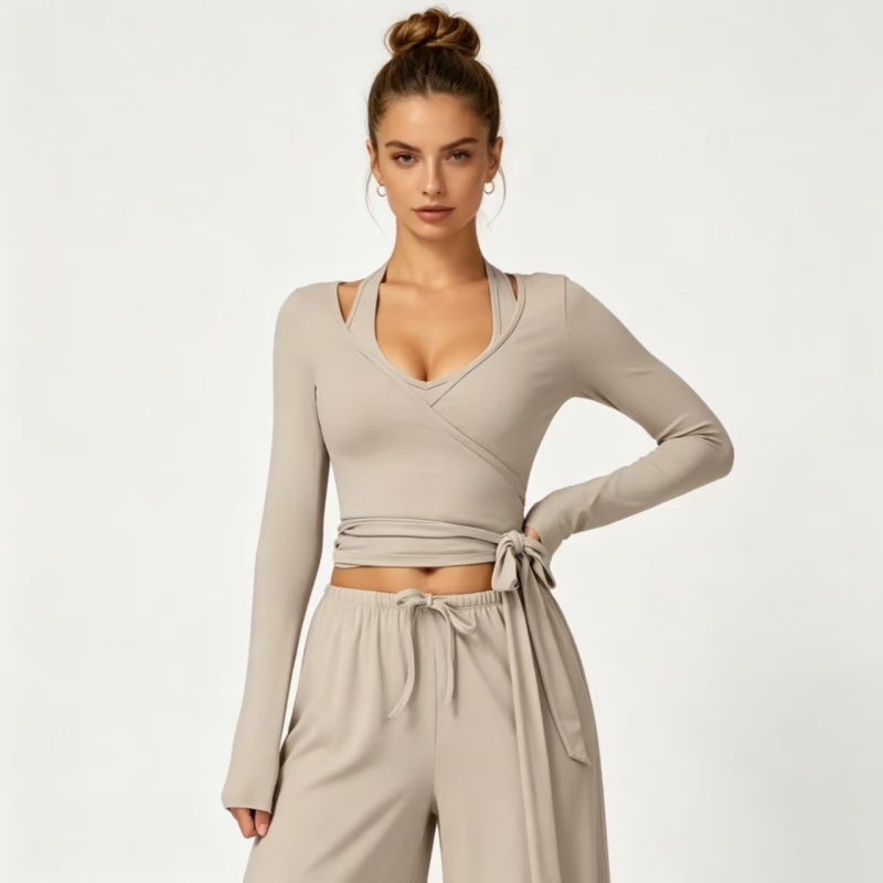 Wrap V Neck Long Sleeve Yoga Top Adjustable Side Tie Crop Soft Tencel Breathable Slim Fitness Workout Gym Outerwear