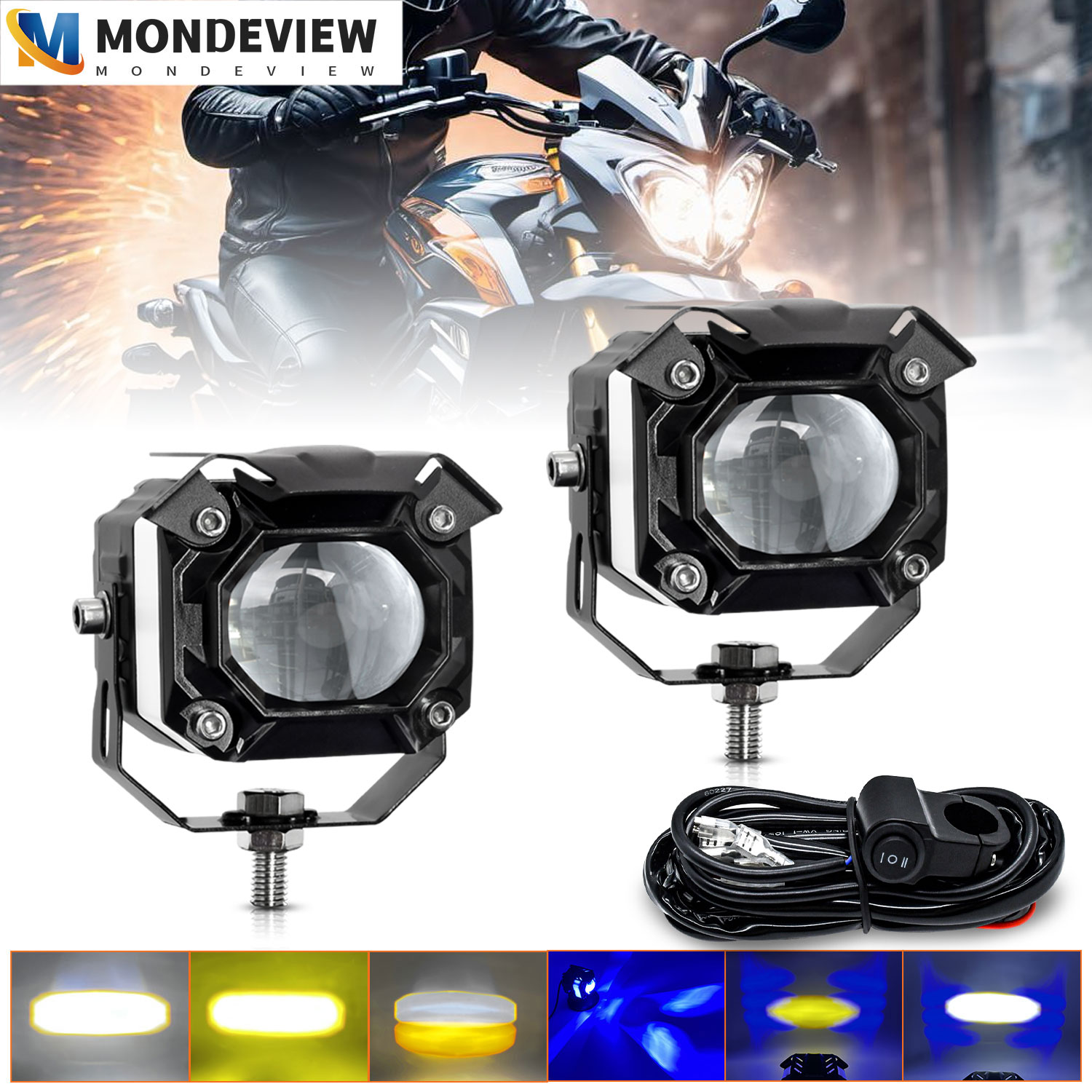 MONDEVIEW S22 遠近両用オートバイ大型レンズエンジェルアイ LED スポットライト 22000LM 高輝度 220 ワットハイパワー自動車用ヘッドランプ
