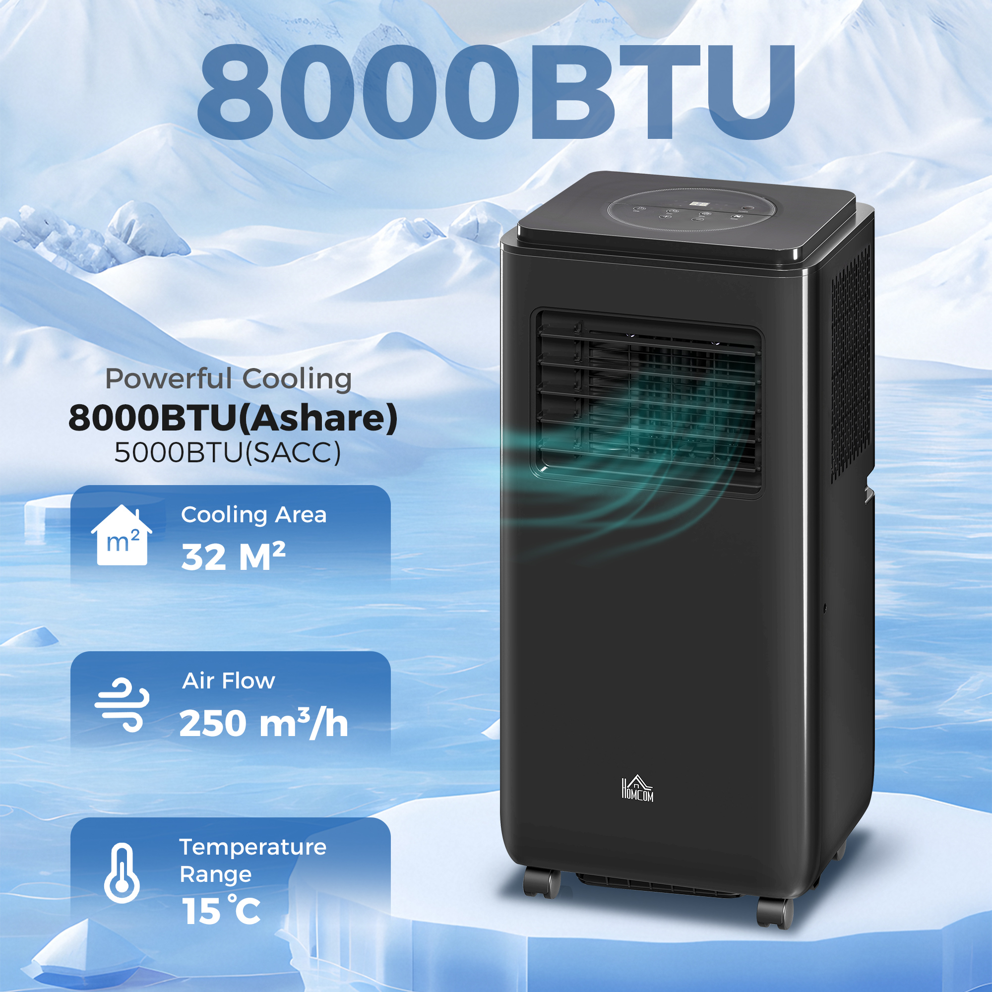 8000 BTU モバイル エアコン 345 平方メートルFt.、除湿ファン自動スリープ、24 時間タイマーオン/オフ付き、ウィンドウキット、ブラック