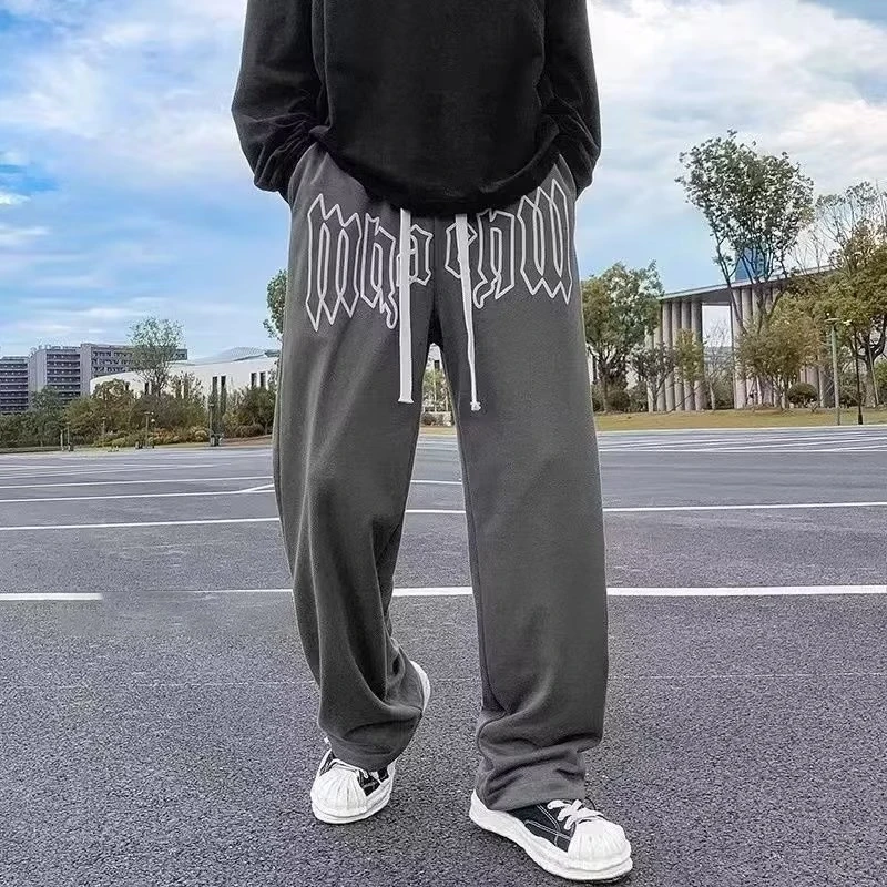 アメリカンスタイルのレタープリントストレートパンツ男性用ハイストリートルーズパンツカジュアルジョガーヒップホップ巾着スウェットパンツ