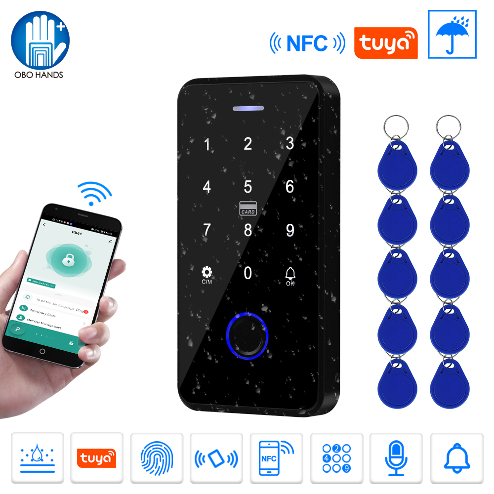NFC Bluetooth Tuya APP アクセス制御キーパッド防水 RFID キーボード 13.56MHz 生体認証指紋タッチバックライトドアオープナー