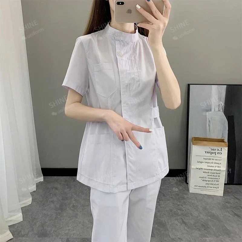 白い医療制服女性看護服美容衣装ナーススクラブセット医師歯科医作業服クリニカルサロントップスパンツ