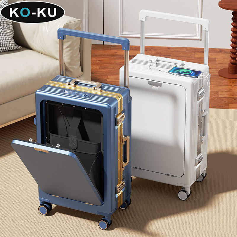 KO-KU フロントオープニングスーツケースワイドトロリー荷物多機能ビジネスコンピュータスーツケースバッグ搭乗ボックス 20/24/26/28 インチ