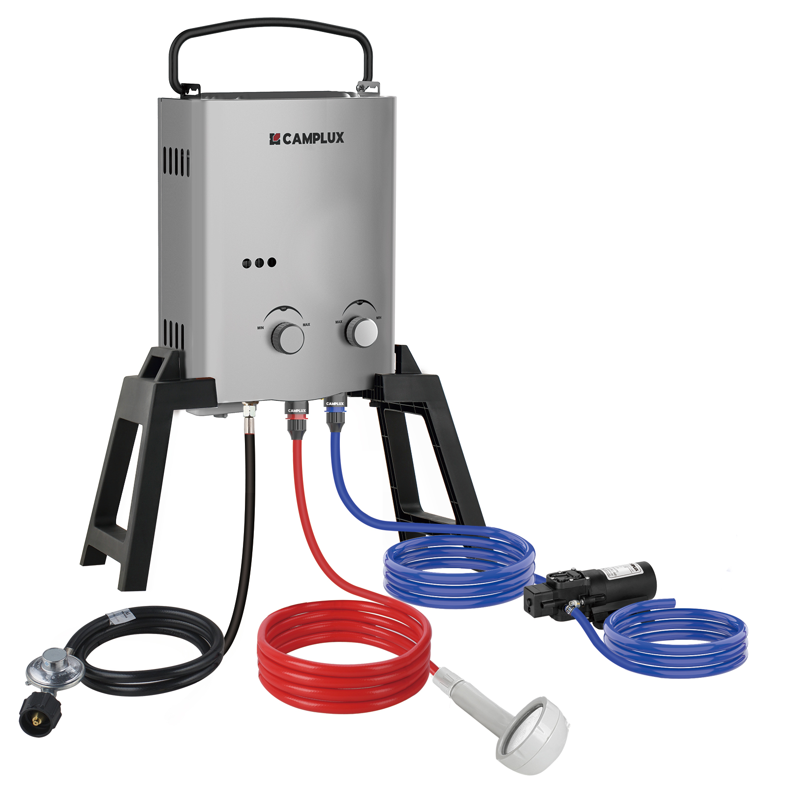 グレーポータブルタンクレス給湯器 RV 1.32 GPM プロパンガス銅ポンプキットスタンドバッグ屋外キャンプ用