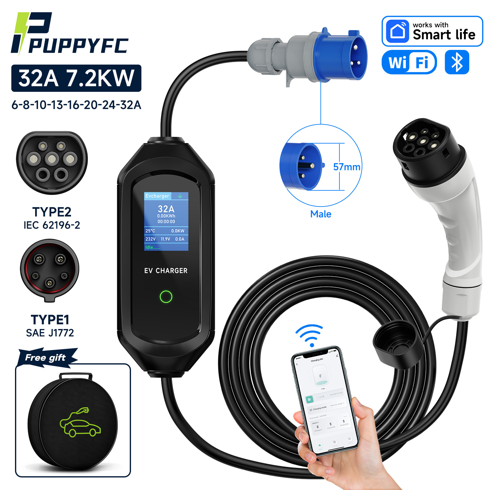 Puppyfc 7.2KW 32A ポータブル EV 充電器 Type2/Type1 電気自動車 1 相 GB/T ウォールボックス EVSE 急速充電 CEE プラグ WiFi 制御
