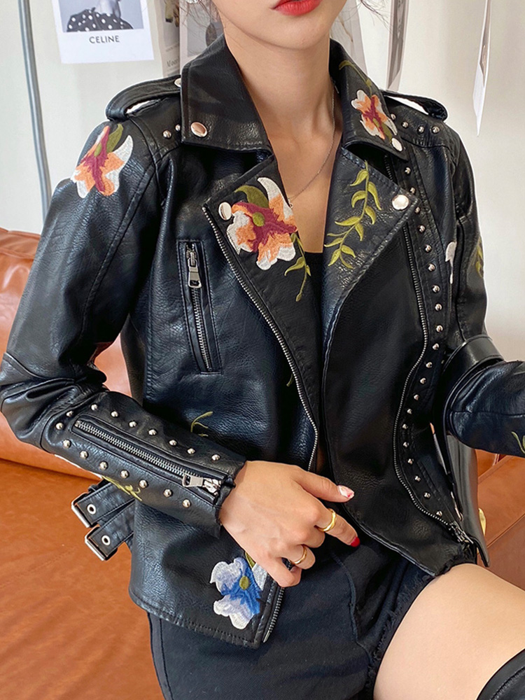 Ailegogo 女性ヴィンテージ花柄刺繍ショートブラック Pu フェイクレザージャケット春秋の女性のジッパーコートレトロ生き抜く