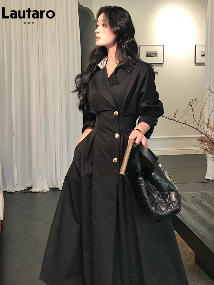 Lautaro 春秋ロング黒フィットトレンチコート女性のためのエレガントシックスタイリッシュな高級デザイナー服ファッションオーバーコート 2025