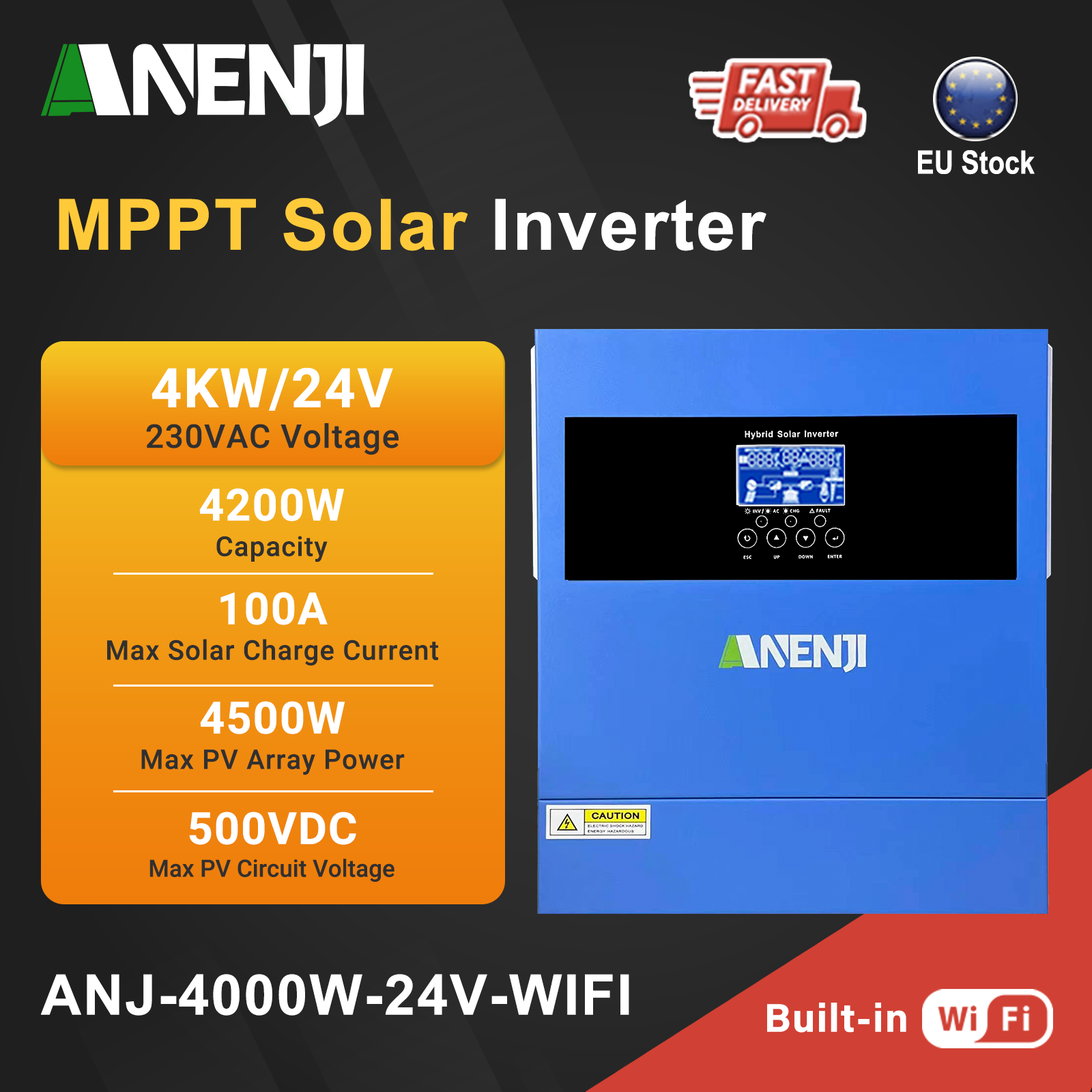 ANENJI 4.2KW 24V ハイブリッドソーラーインバーター 220V オン/オフグリッド内蔵 100A MPPT 純粋な正弦波、ソーラーシステム用 LiFePO4 バッテリー