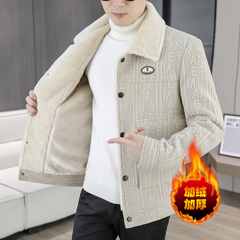 韓国文字ジャカードウールジャケット男性肥厚ベルベットウールブレンドジャケットファッションカジュアルビジネスショートトレンチコート M-4XL