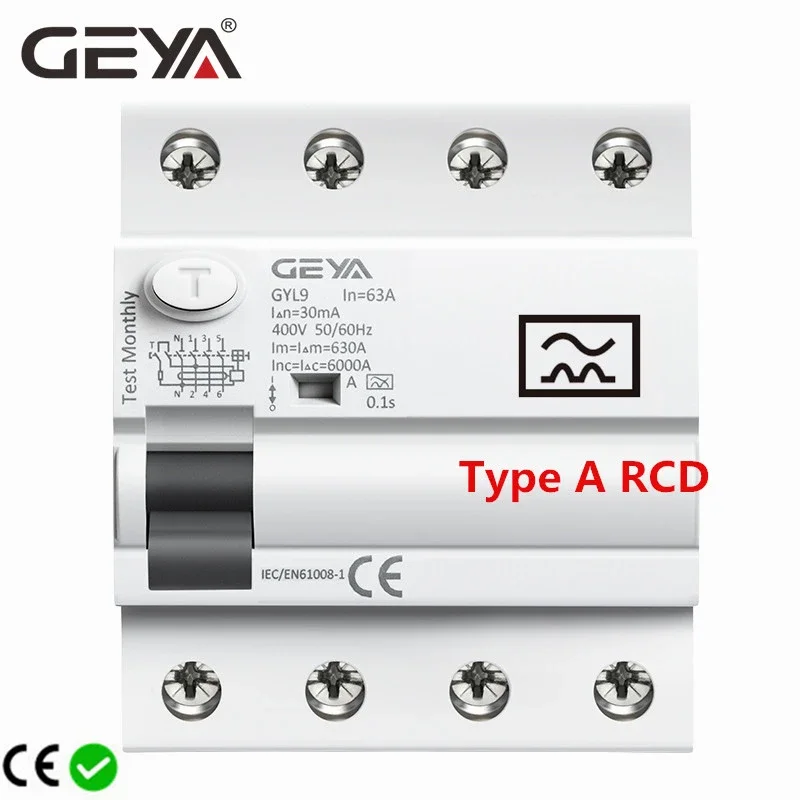 GEYA タイプ A RCD 磁気残留電流サーキットブレーカ ELCB 3P N 40A 63A RCD ELCB 検出脈動 DC 残留電流