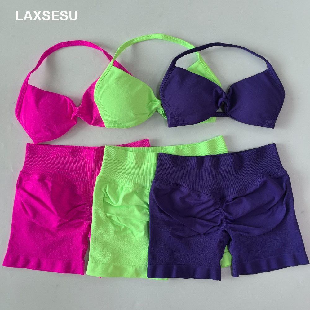 LAXSESU 2 Piece Gym Set Women Strappy Yoga Bra Top Workout Scrunch Shorts Sports Suit Fitness Clothes Seamless Yoga Set