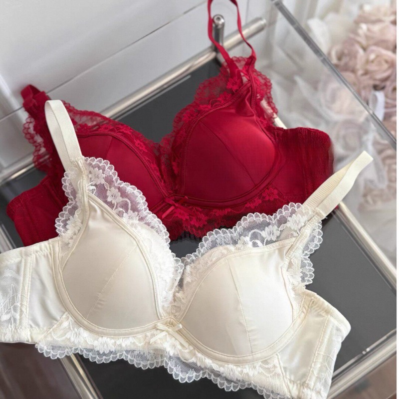 French Style Lace Satin Splice Bra Set Women Small Chest Gathered Lift Up Comfortable Soft Daily Underwear Lingerie Suit 32-38AB