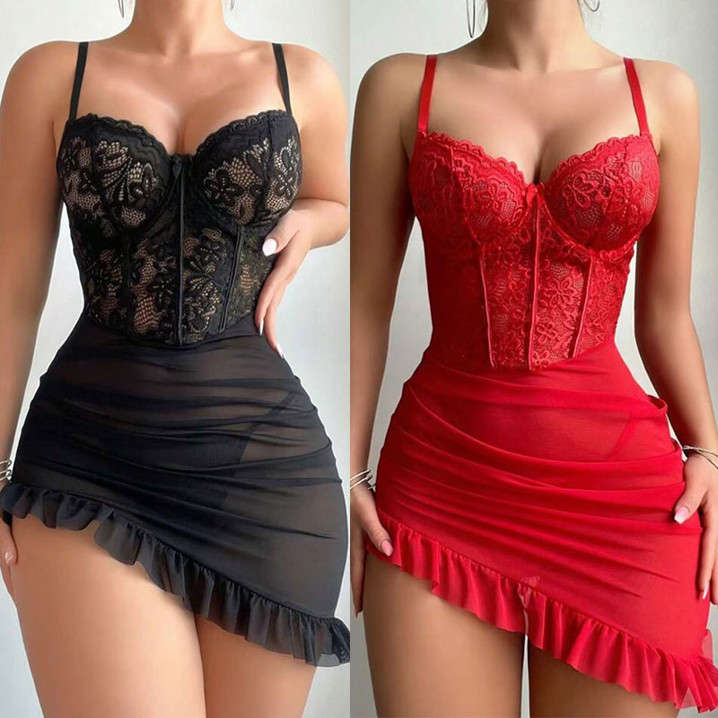 透明アンダーワイヤーブラジャーエロセットセクシーな妖精ランジェリー女性のシースルーレース寝間着パジャマセット繊細なセクシーな寝間着