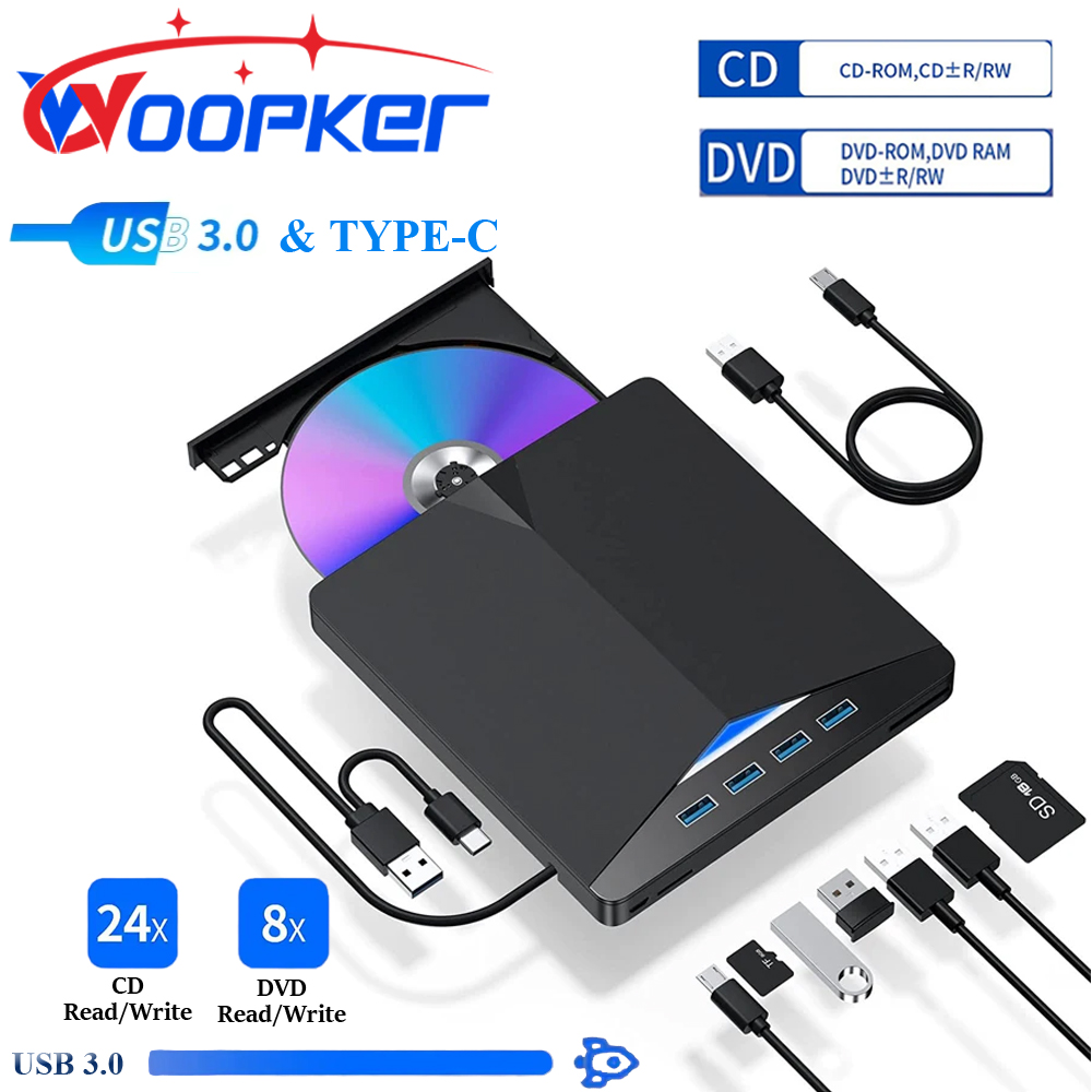 Woopker 多機能 DVD プレーヤー高速データ転送 7-in-1 光学ドライブ USB 3.0 Type-c 外部ポータブル CD/DVD リーダー