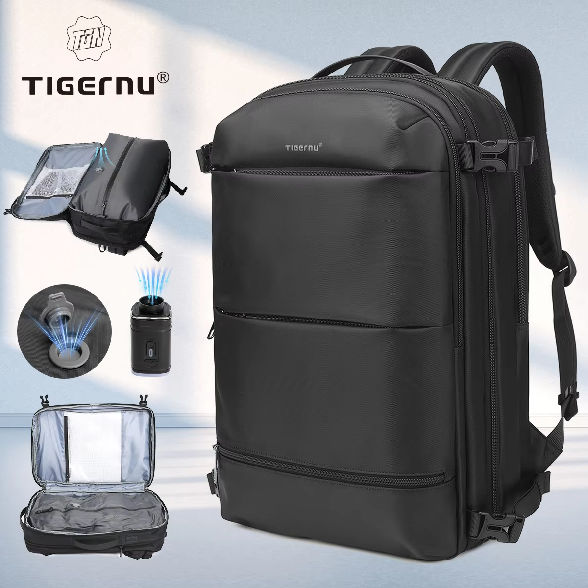 Tigernu 拡張可能な真空圧縮 27L-37L 飛行機キャビン旅行バックパック 17 インチのラップトップ収納パック荷物 USB 付き