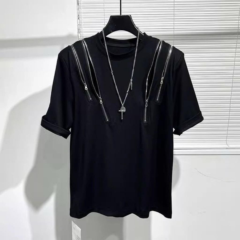 夏新 Techwear メンズパーソナライズされたマルチジップアップデザインカジュアル Tシャツ Y2K ファッションメンズ半袖黒 Tシャツ男性トップス
