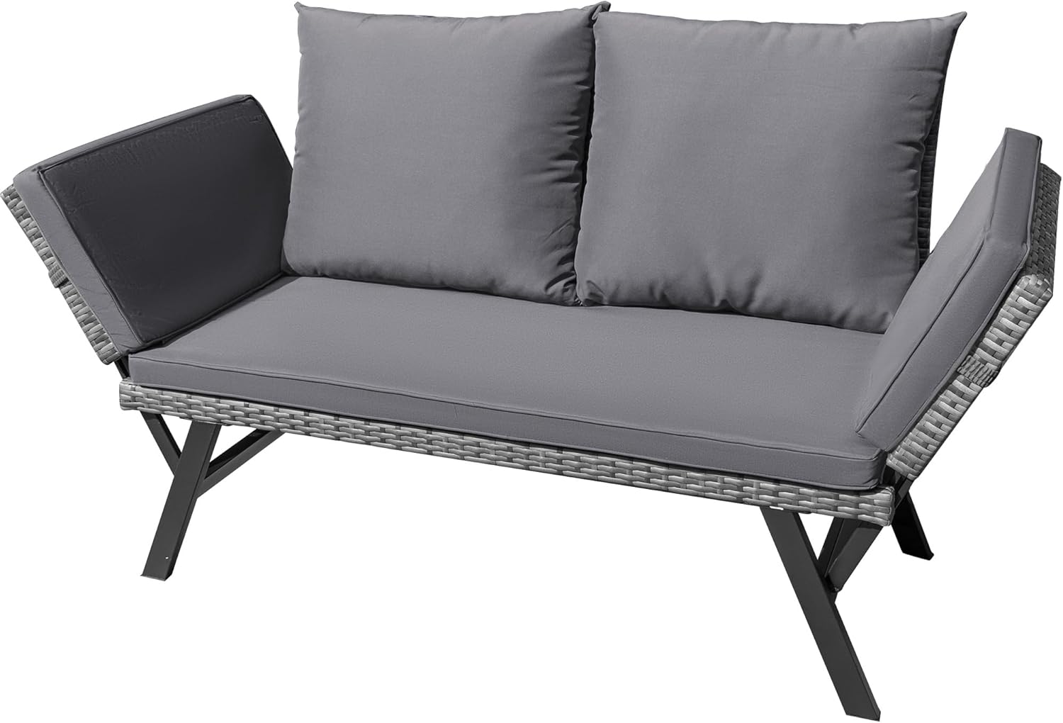 屋外ソファ、籐製パティオ家具、調節可能なアームレスト付きコンバーチブルデイベッドまたはダブルチェア、庭、ポーチ、プール用のクッションと枕、グレーのラウンジャー