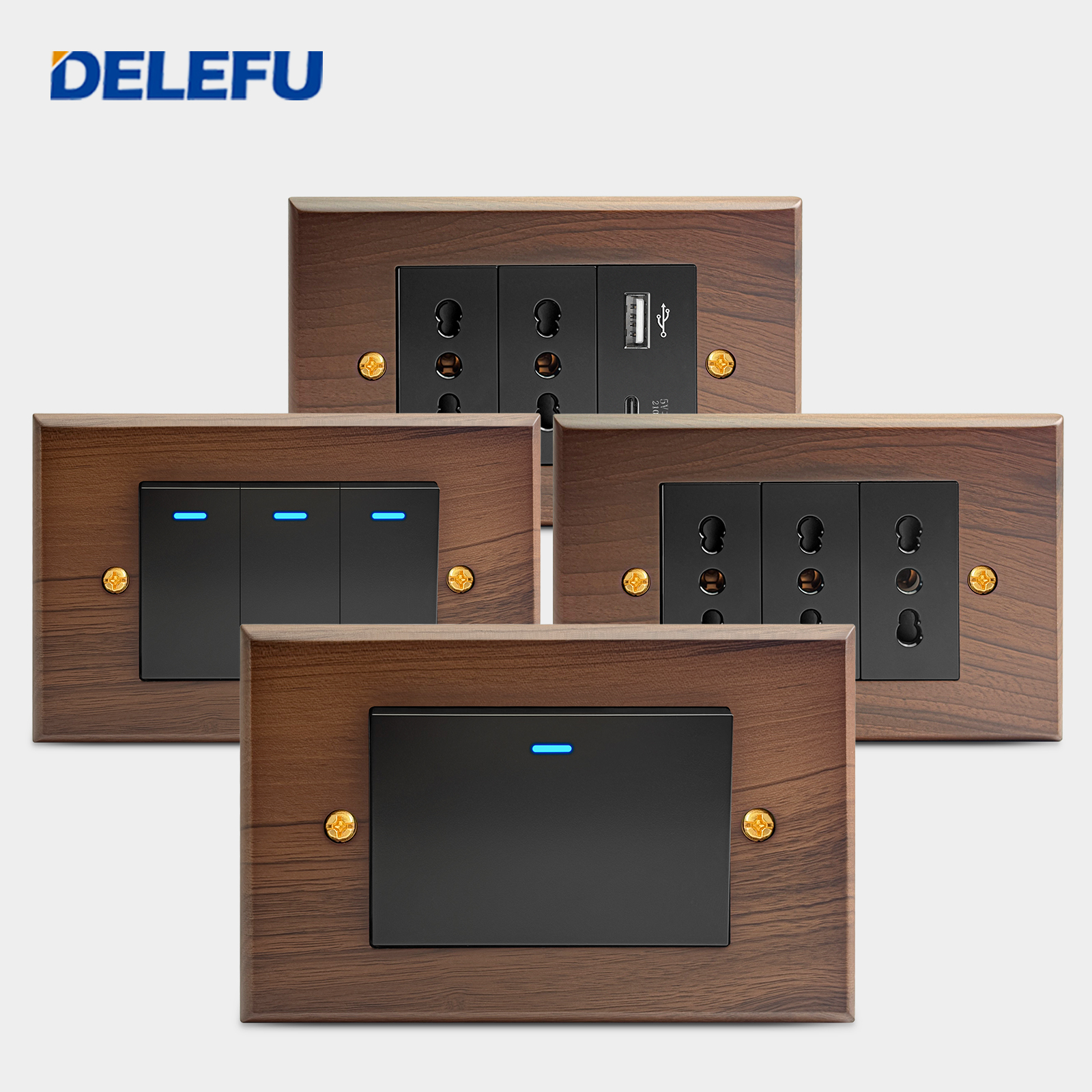 DELEFU クルミ材ソリッドパネル イタリア標準 118 ミリメートル壁ソケット急速充電 USB TypeC レトロスイッチブラックチリ Schuko 20 ワット AC