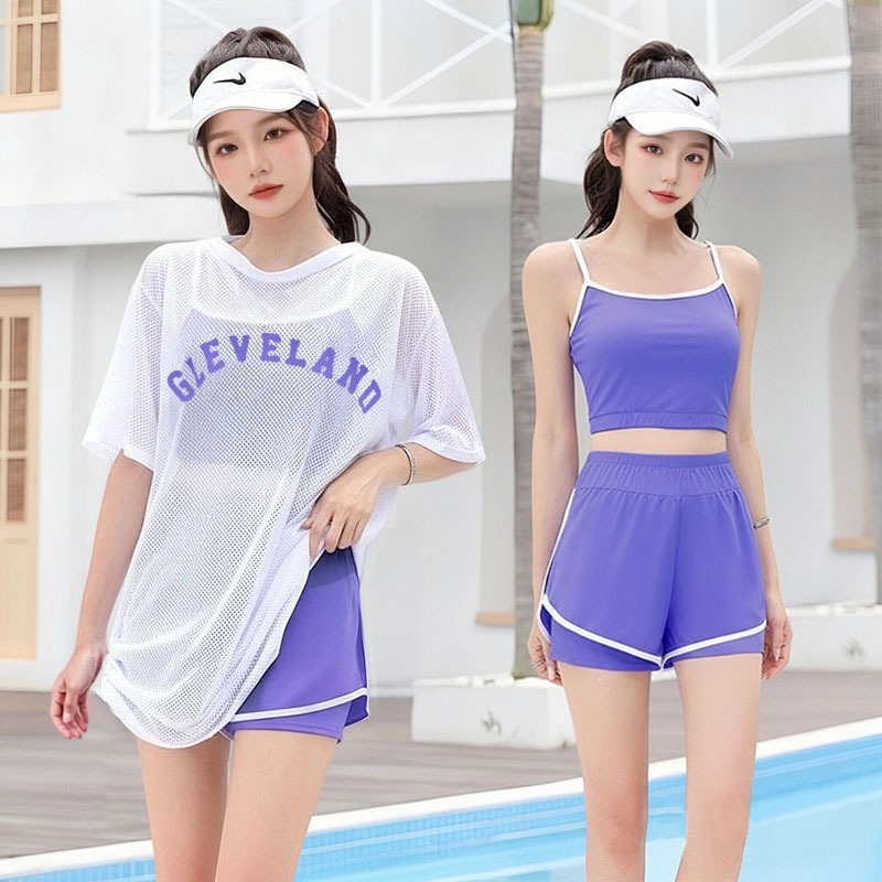 女性用 3 ピース ビキニ セット ホワイト メッシュ レター プリント ルーズ 半袖 カバーアップ マッチング水着 サマー ビーチ 水着