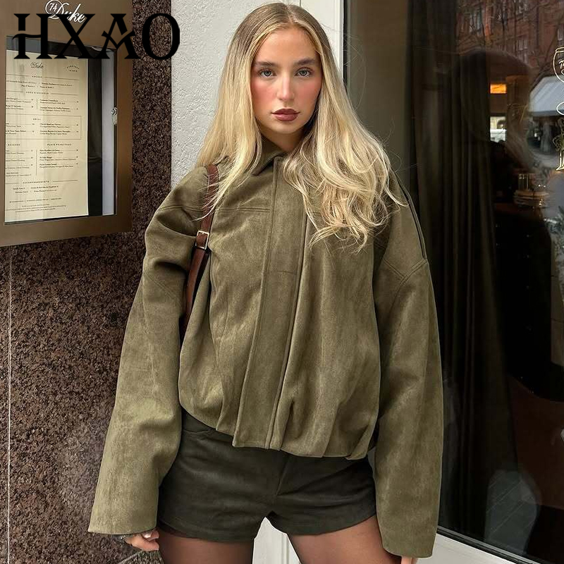 HXAO 2025 スエードボンバージャケット女性グリーンカーキアウターウェアの女性のジャケット春作物オーバーサイズ長袖コートファッションジャケット