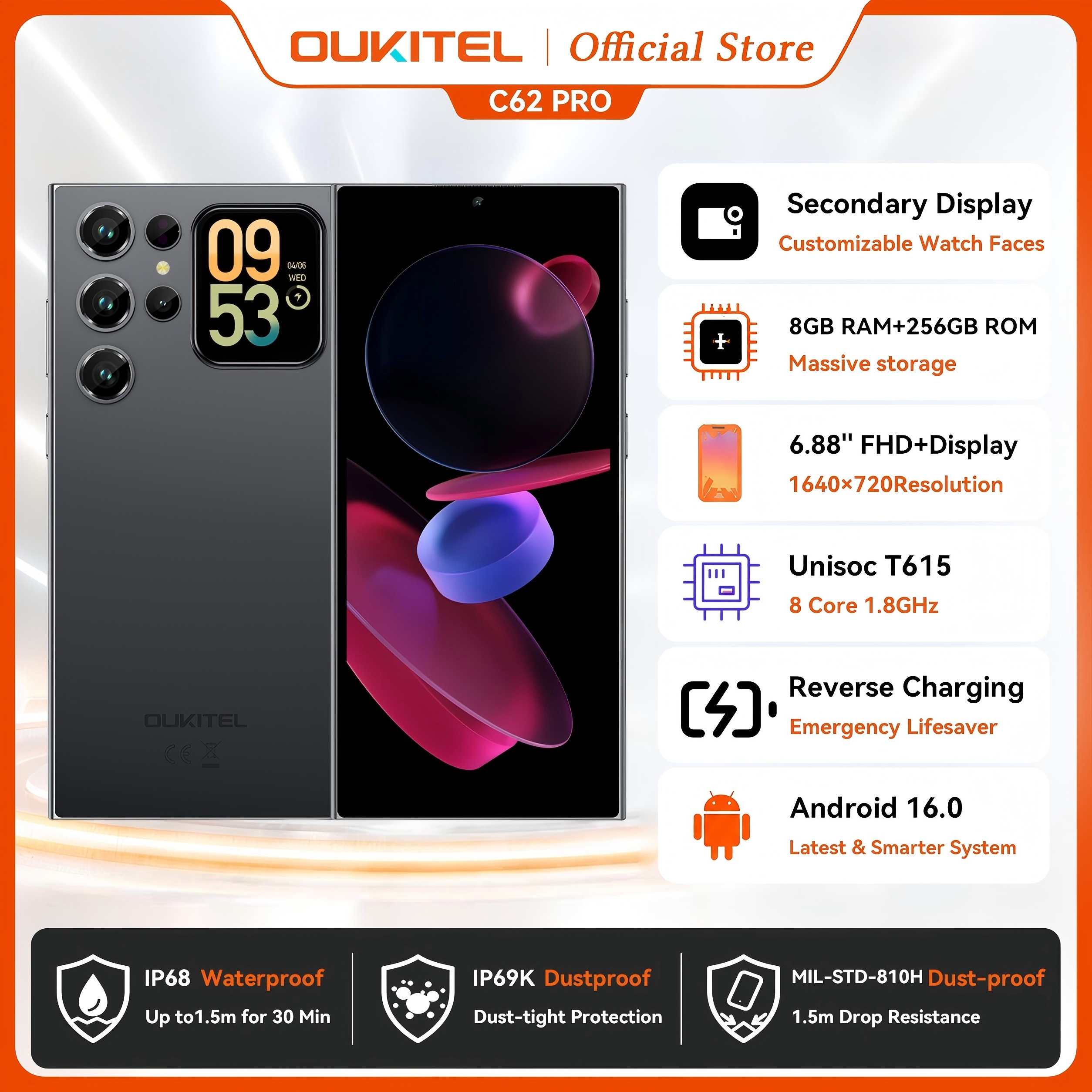OUKITEL C62 Pro NFC スマートフォン Android 15、6.88" HD 1.81" サブスクリーン Unisoc T615 携帯電話、24GB (8 16) 256GB、5150mAh