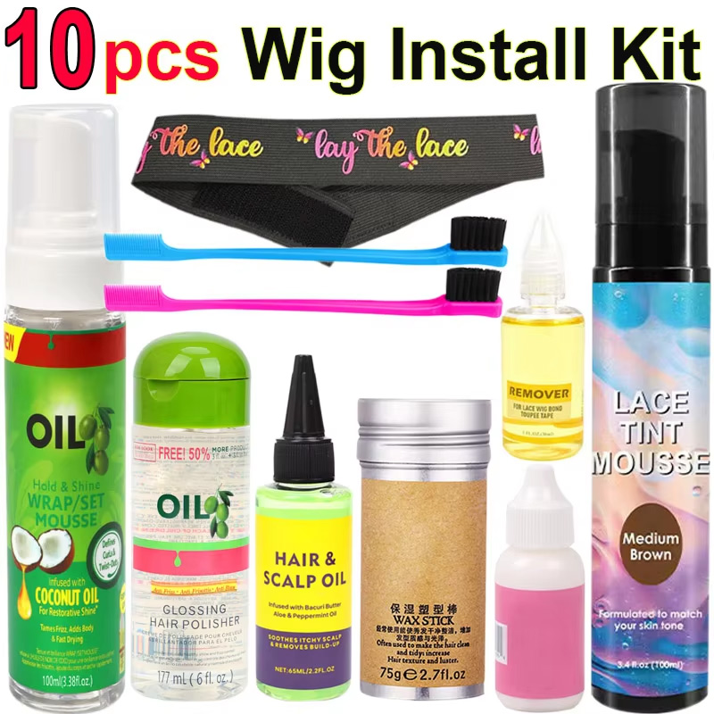 10 個ウィッグ着用キットレースフロントウィッグ、ヘアムースレースティントスプレーヘアポリッシャー頭皮オイルヘアポマードウィッグ接着剤レースメルトバンド